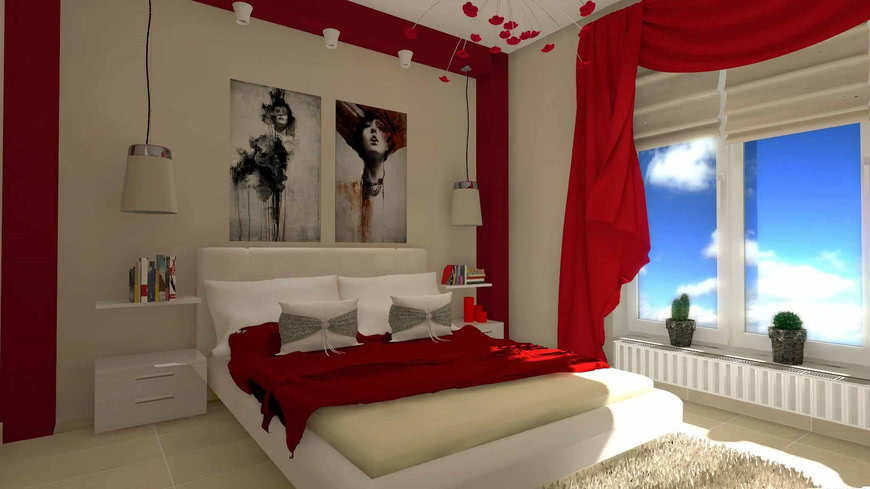 Бежевая спальня красные шторы покрывало стена светлый пол стены