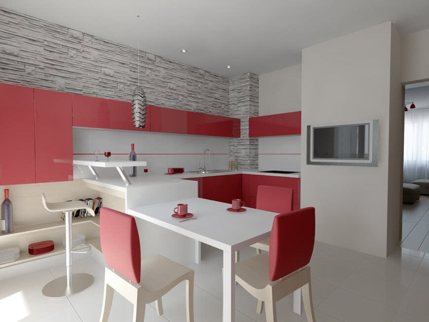 Серая кухня белые стены потолок пол красные стулья рабочая стена гарнитур