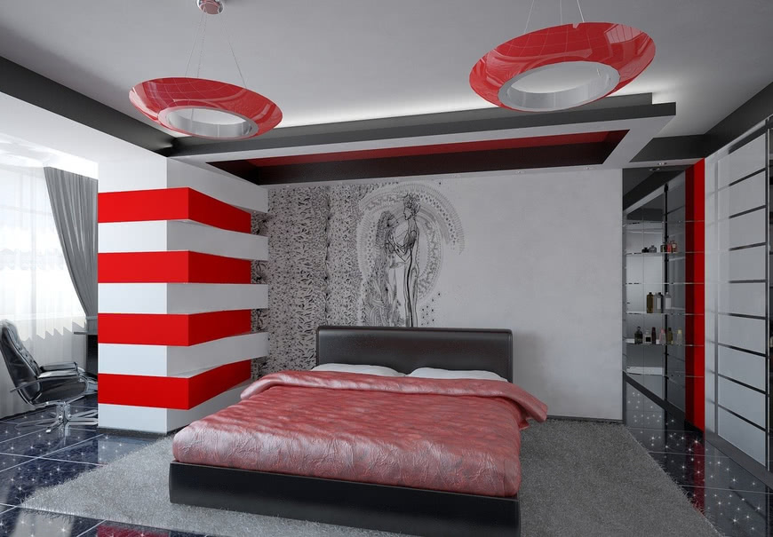 Серая спальня красные светильники часть стены белый потолок
