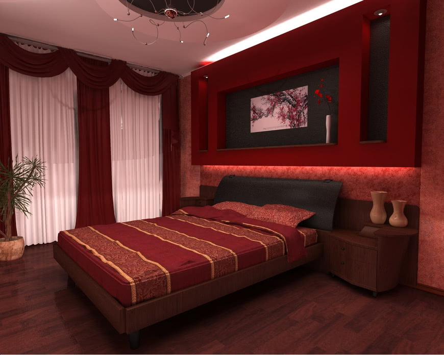 Спальня темный дизайн красные шторы стены пол белый потолок