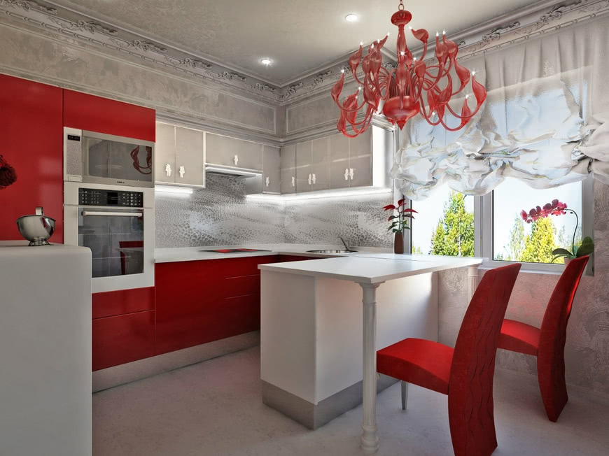 Светлая кухня красные стулья люстра стена белый пол стол шторы потолок