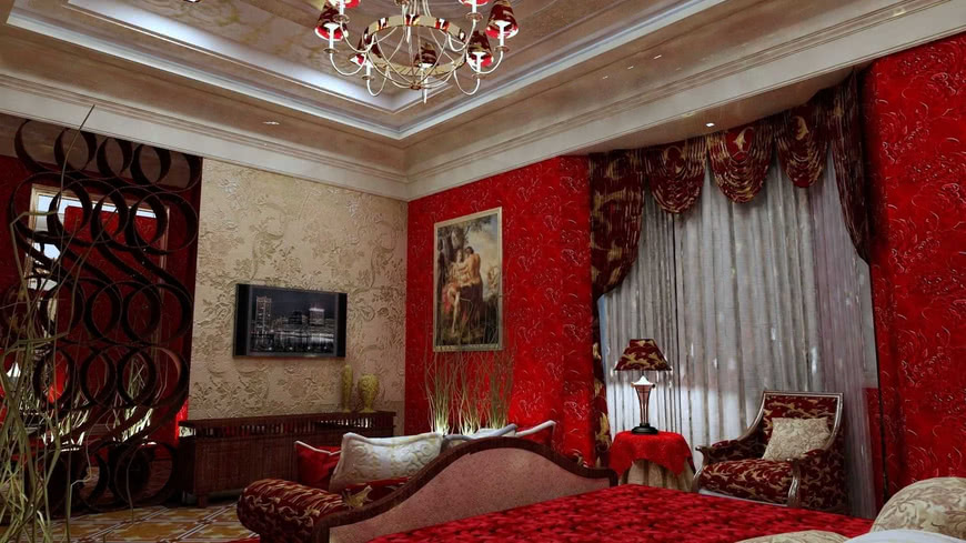Темный интерьер гостиной красная стена шторы покрывало бежевый потолок