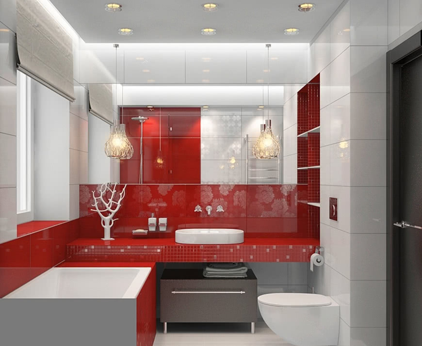 Ванная комната красные стены белый потолок серая дверь аксессуары