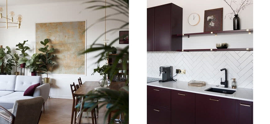Кухня светлый дизайн фиолетовая мебель аксессуары