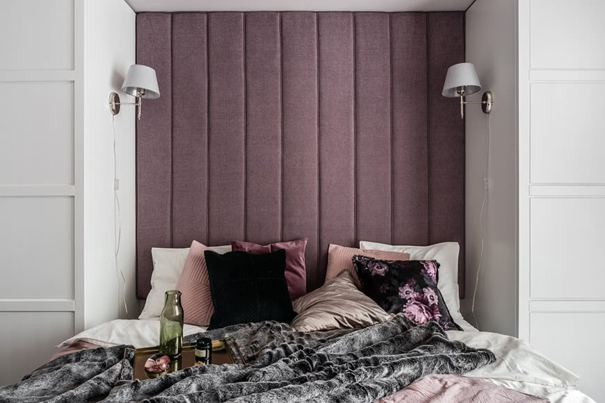 Светлая спальня фиолетовая стена аксессуары
