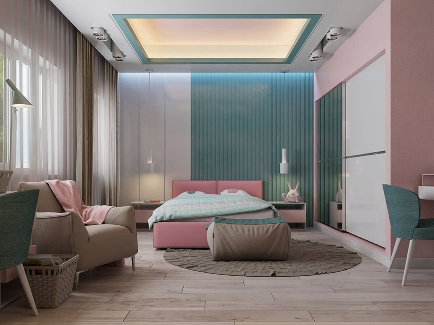 Спальня пудровая кровать шторы зеленая стена кресла разноцветный потолок бежевый пол