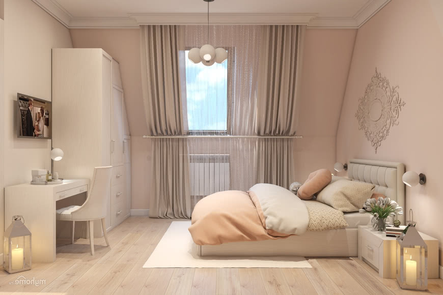 Спальня пудровые стены потолок пол мебель пол белый коврик