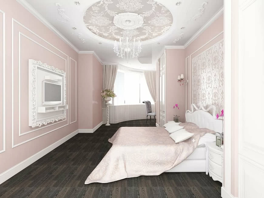 Спальня пудровые стены темный пол белая кровать покрывало подушки потолок