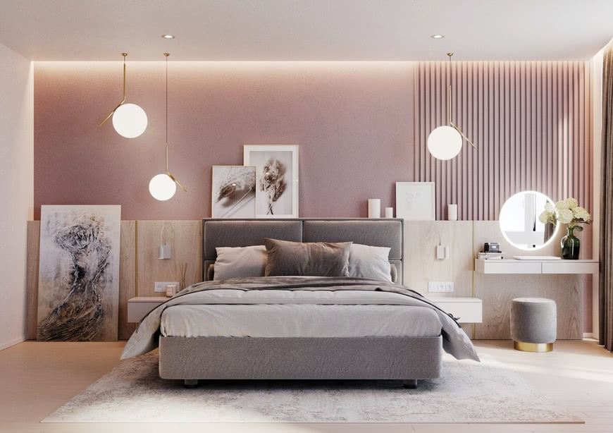 Спальня яркие софиты пудровые стены серая кровать белые картины коврик потолок бежевый пол