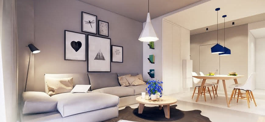 гостиная светлый дизайн светлый диван цветной потолок