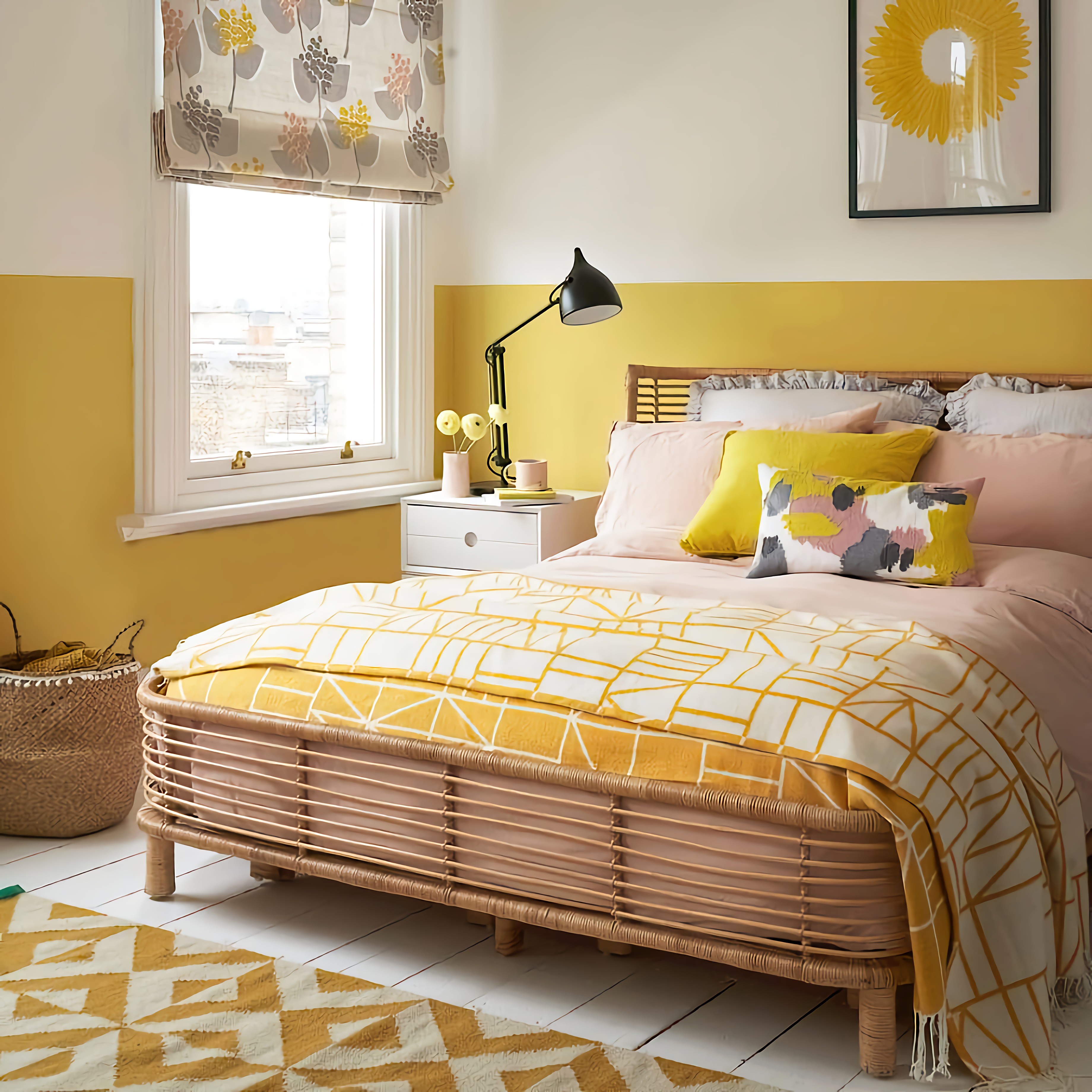 Желтая спальня, светлый пол, стены, коврик