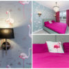 Светлая спальня фуксия кровать фламинго стена