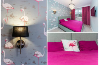 Светлая спальня фуксия кровать фламинго стена