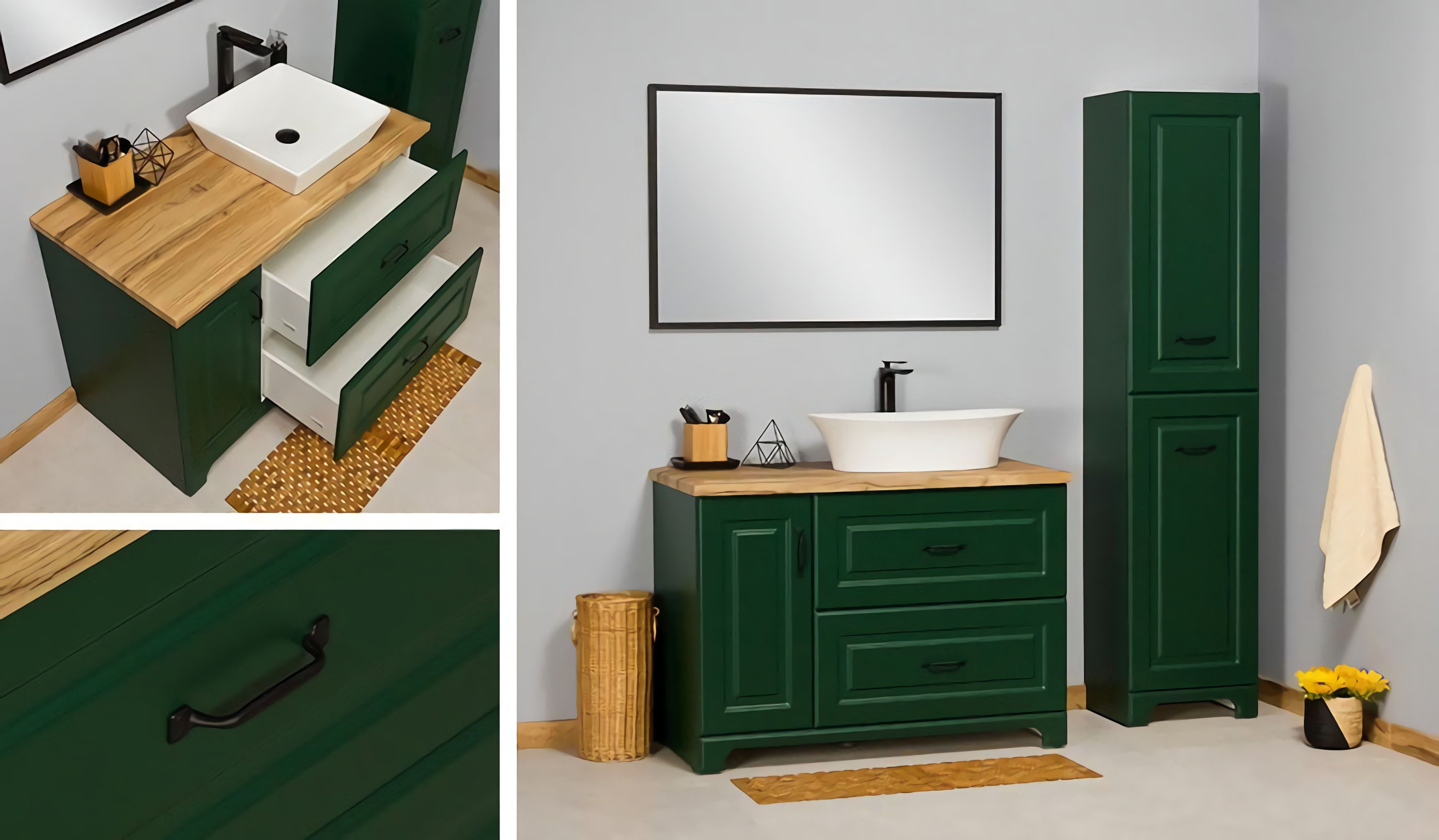 зеленая мебель, ванная комната с зеленой мебелью, мебель для ванных комнат
