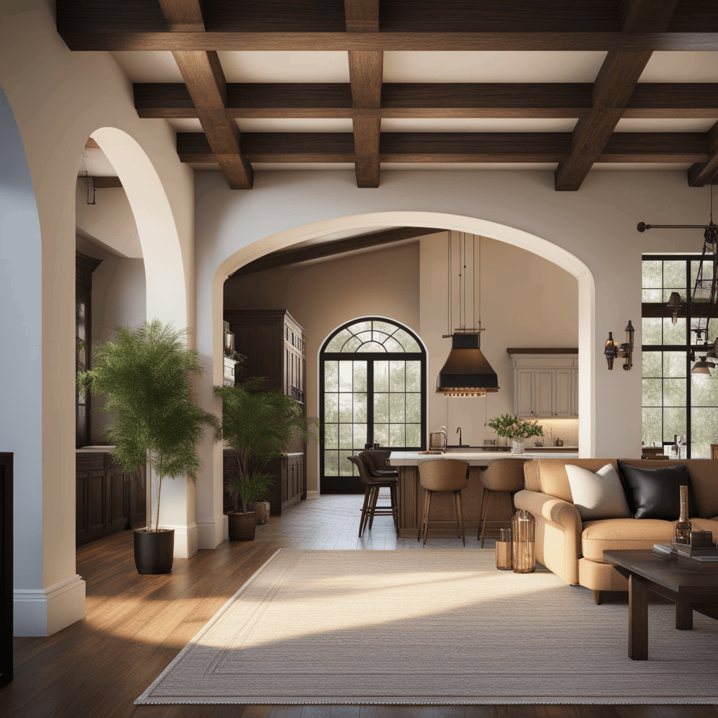 living room transitioning to kitchen highlighted by an archway adorned with decorative trim ambient