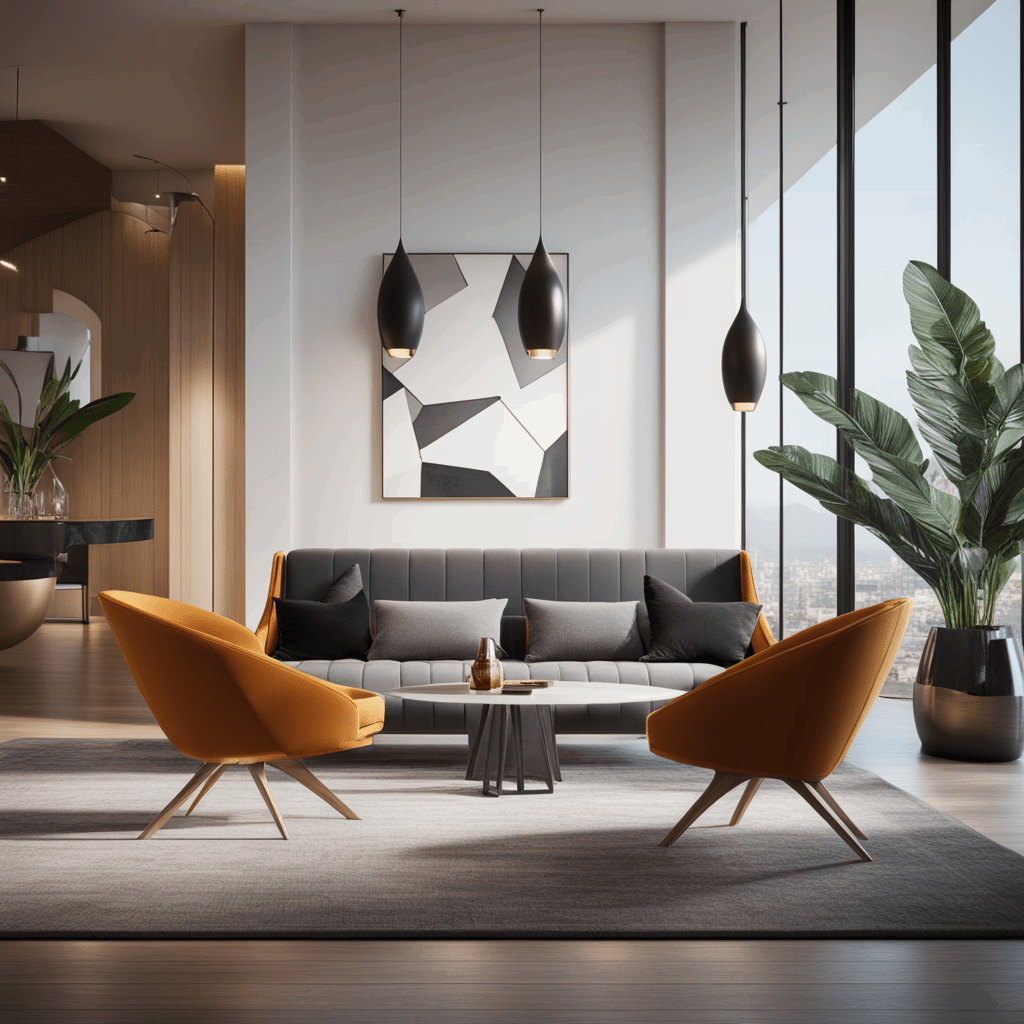 modern interior showcasing designer furniture with unconventional shapes and geometric lines used 3