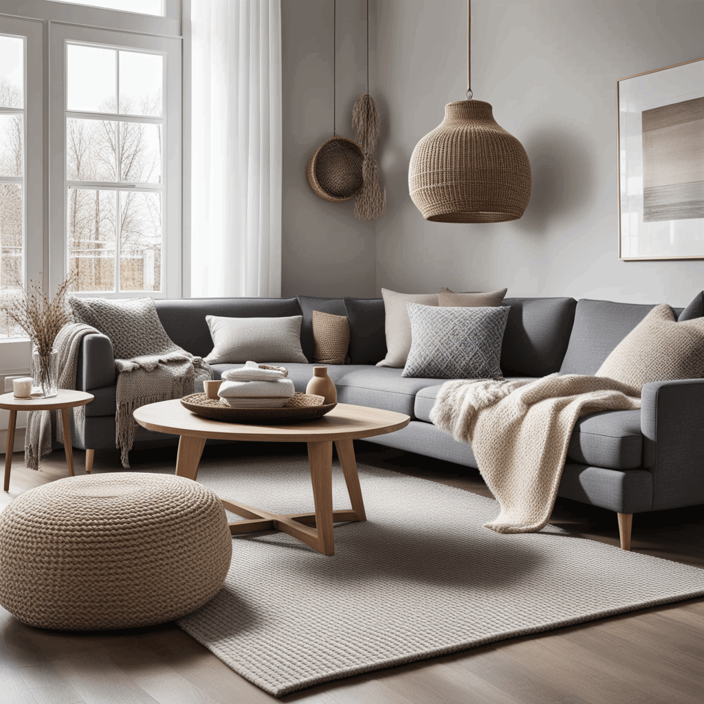 scandinavian interior featuring textile accessories such as plaids woolen pillows knitted baskets 3