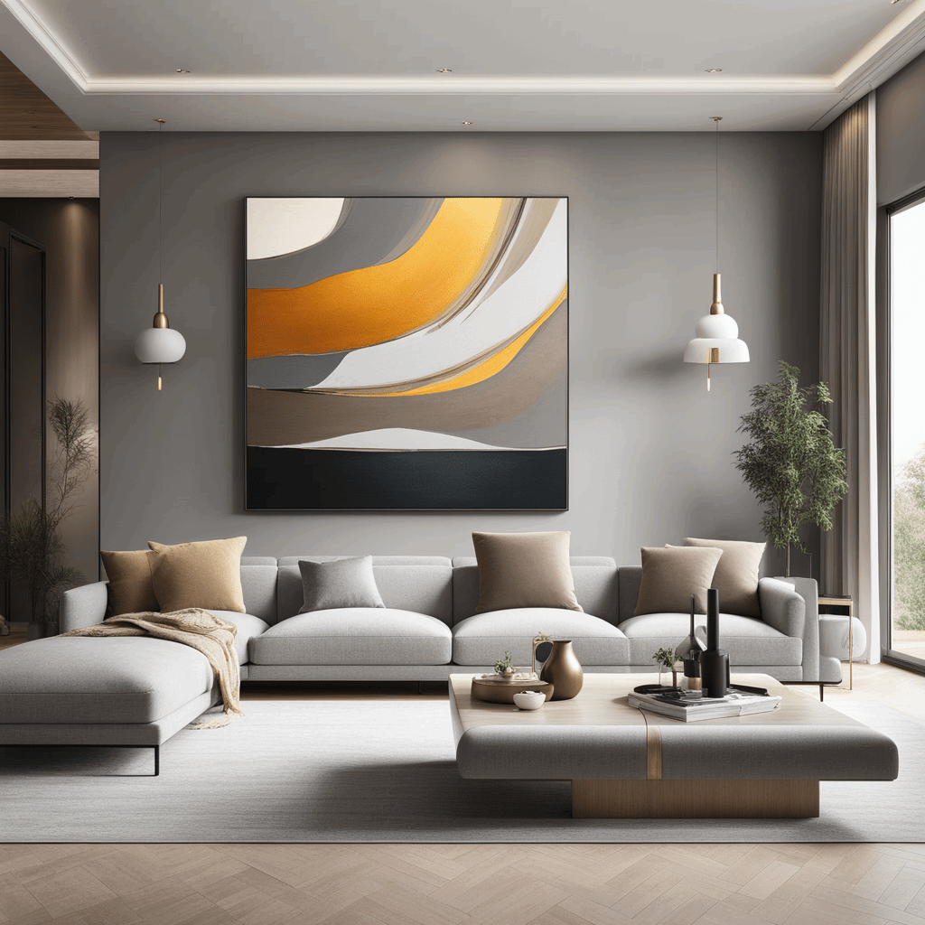 spacious modern living room one vibrant abstract painting dominating the wall space above a minimal 2