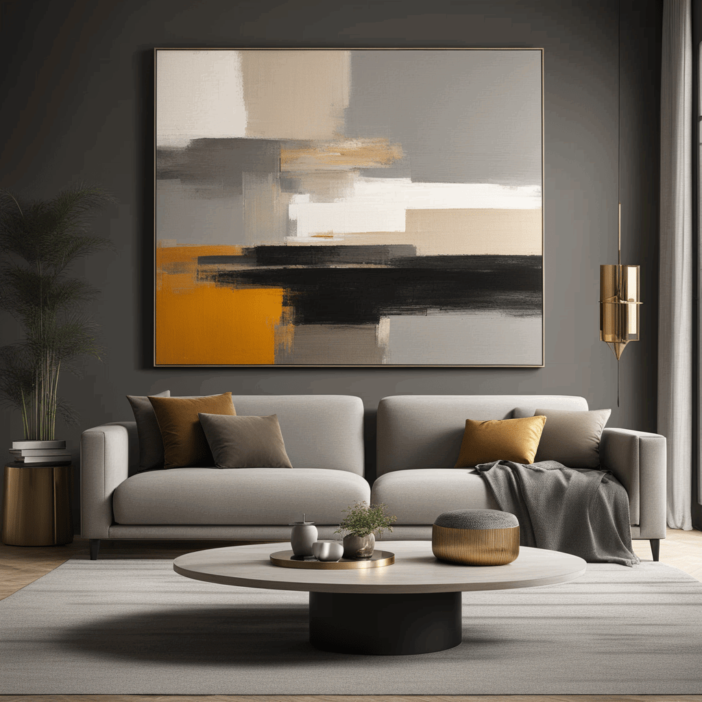 spacious modern living room one vibrant abstract painting dominating the wall space above a minimal 3